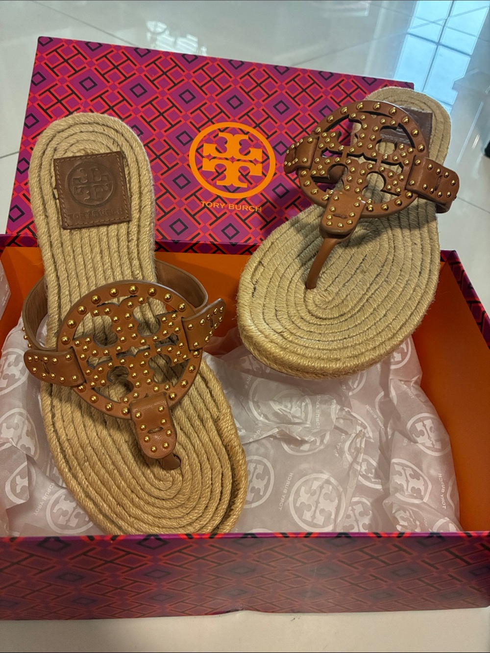 Tory Burch Tan Studded Miller stud Thong Espadrille Sandals calf leather
